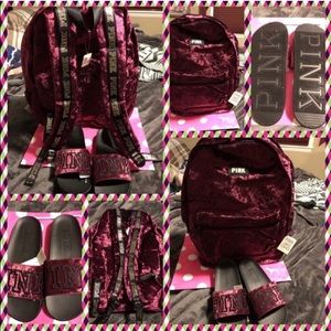 BNWT Pink Victoria’s Secret Backpack & Slides Set